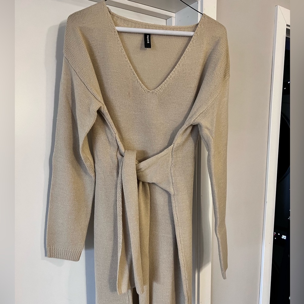 Tan Sweater Dress with tie in front
